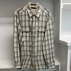 Tommy‎ Hilfiger Men’s XL Cotton Blend Long Sleeve Button Down Green Tan Plaid
